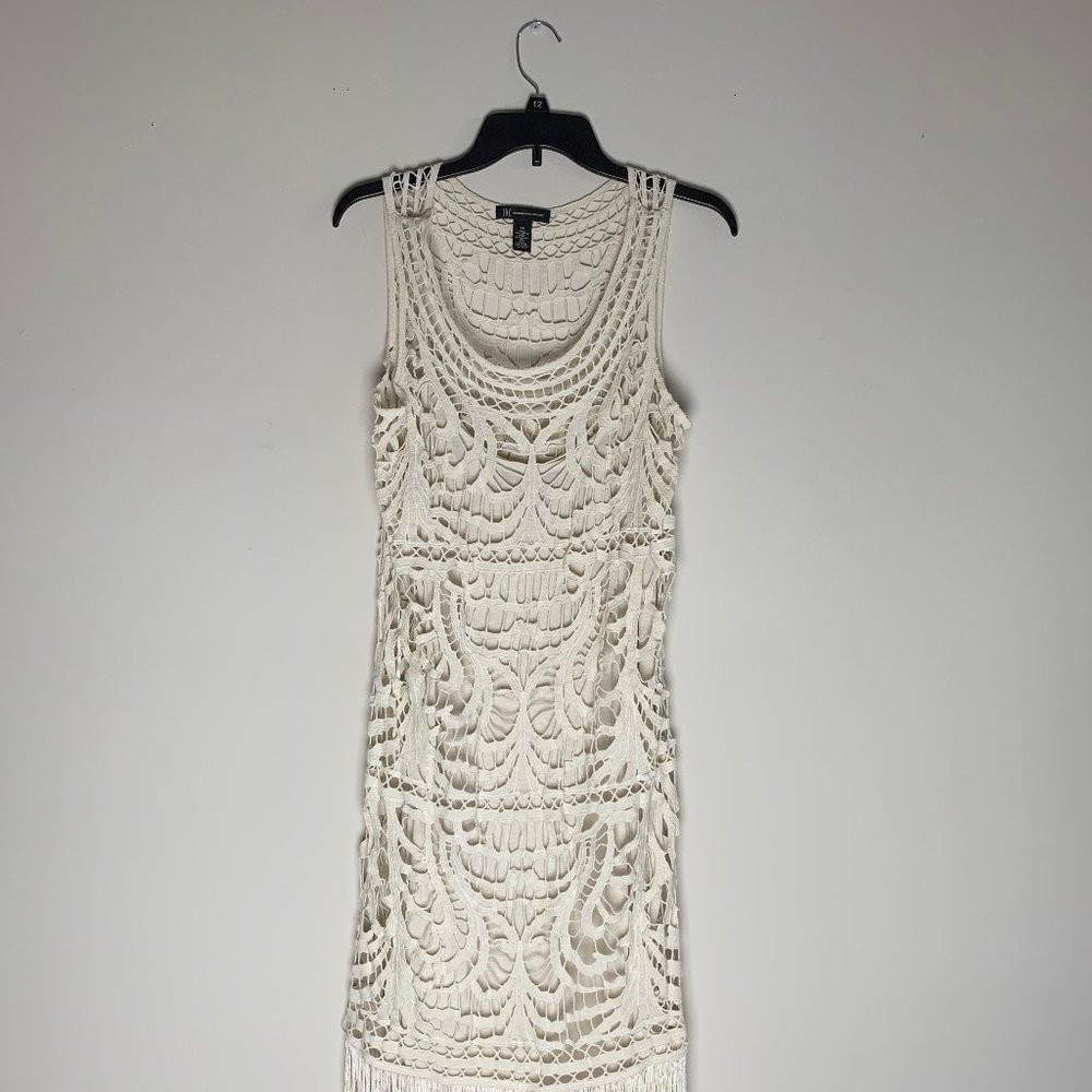 INC Cotton Lace Sheath Midi Dress White Fringe 14